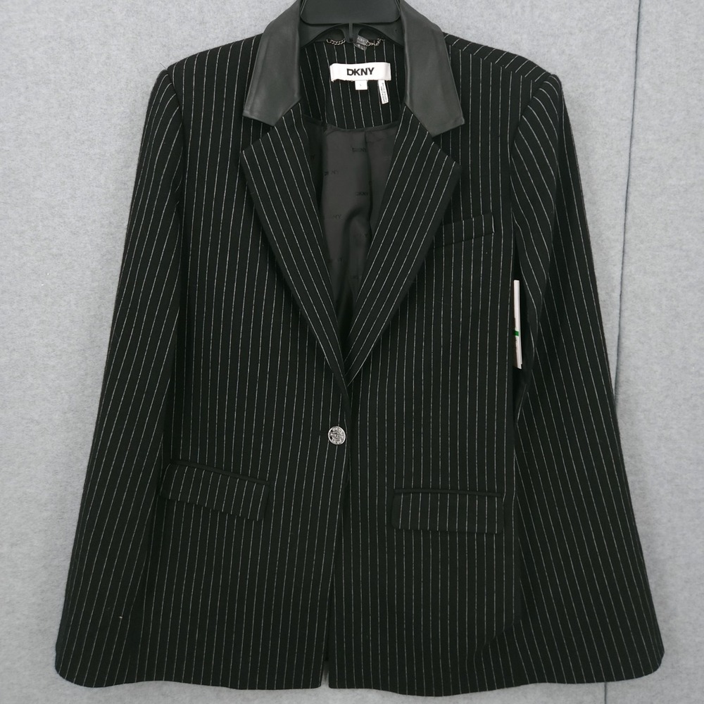 DKNY‎ Pinstriped Cape Jacket Button Closure Collared Black Womens Size L NWT - Picture 2 of 12